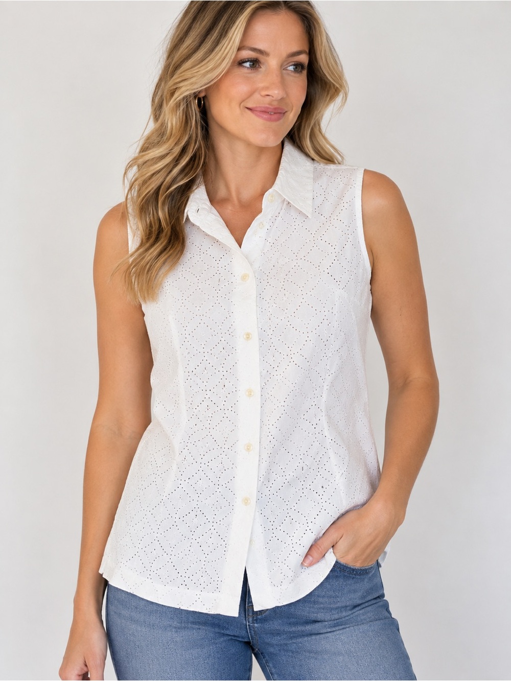 Ann Taylor White Sleeveless Eyelet Button-Down Shirt